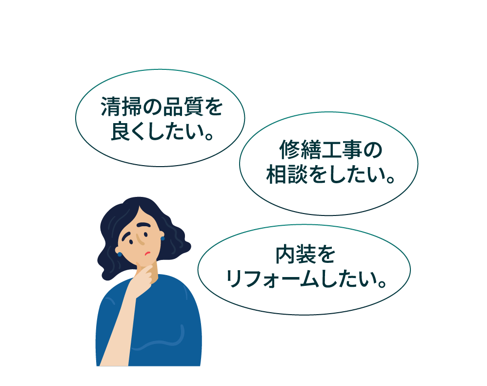 清掃の品質を良くしたい。 修繕工事の相談をしたい。 内装をリフォームしたい。