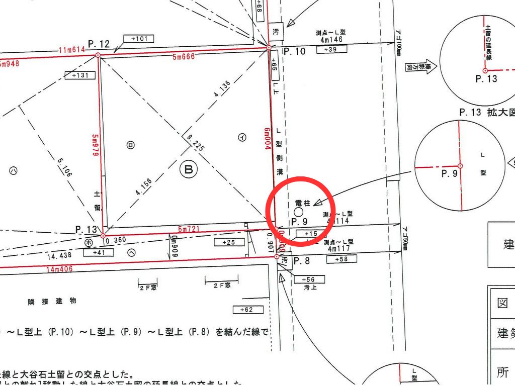 現況測量図の内容：電柱・電線の位置